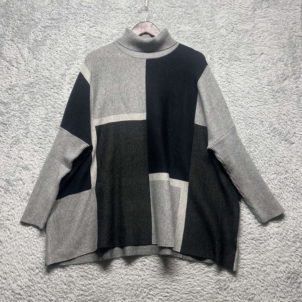 Joseph A. Turtleneck Sweater Poncho Womens XL Black Gray‎ Colorblock Oversized